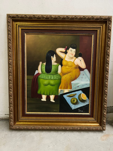 Pintura imitando a Botero con marco en madera.