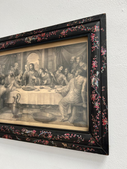 Antigua litografía de la Santa Cena, con marco con incrustaciones en Nácar.
