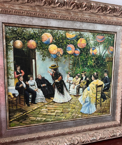 Fiesta en patio Andaluz firmado por el pintor Antonio Cuesta.
