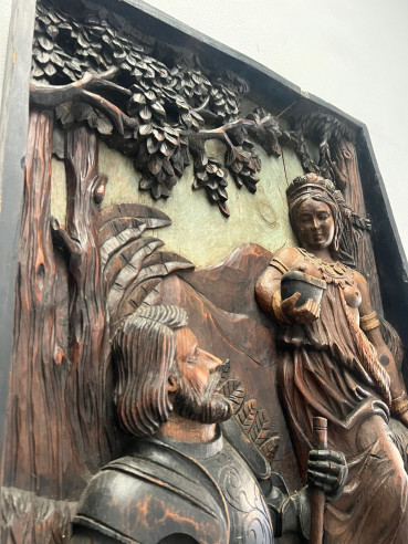 Retablo tallado en madera "Hernán Cortes y la Malinche".