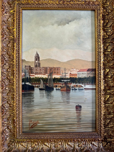 Óleo sobre tabla Puerto de Málaga, pintado por el pintor Malagueño J. Murillas.