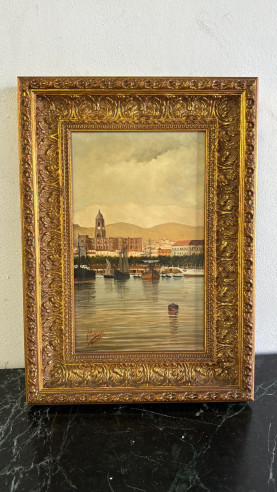 Óleo sobre tabla Puerto de Málaga, pintado por...