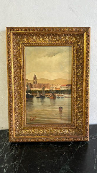 Óleo sobre tabla Puerto de Málaga, pintado por el pintor Malagueño J. Murillas.