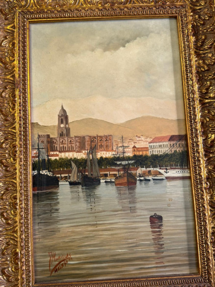 Óleo sobre tabla Puerto de Málaga, pintado por el pintor Malagueño J. Murillas.