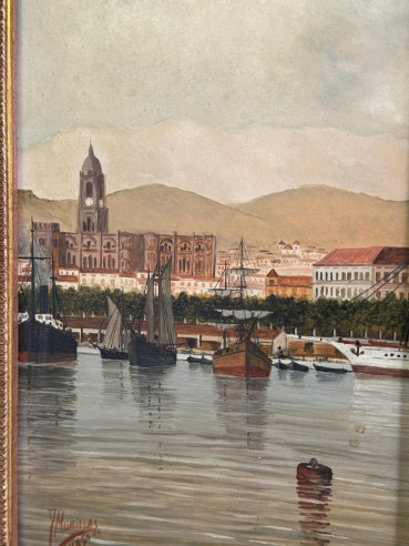 Óleo sobre tabla Puerto de Málaga, pintado por...