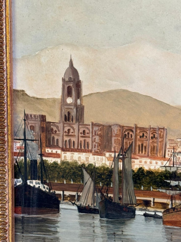 Óleo sobre tabla Puerto de Málaga, pintado por...