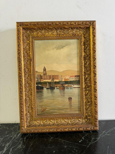 Óleo sobre tabla Puerto de Málaga, pintado por...