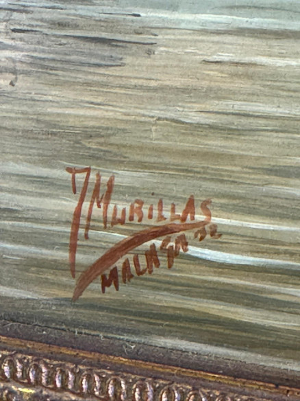 Óleo sobre tabla Puerto de Málaga, pintado por el pintor Malagueño J. Murillas.