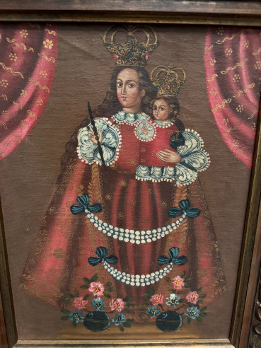 Virgen con niño, óleo estilo cuzqueño.