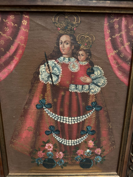Virgen con niño, óleo estilo cuzqueño.