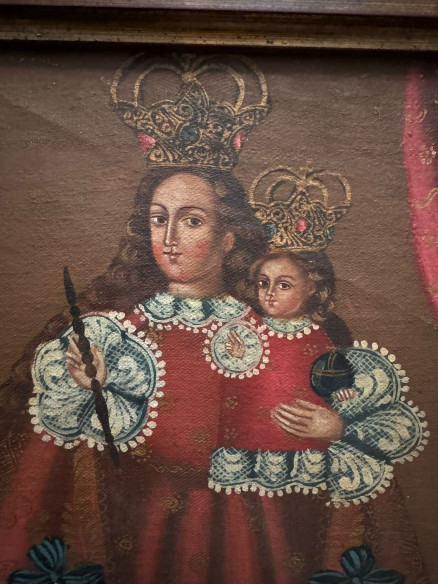 Virgen con niño, óleo estilo cuzqueño.