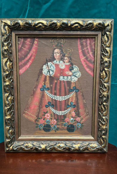 Virgen con niño, óleo estilo cuzqueño.