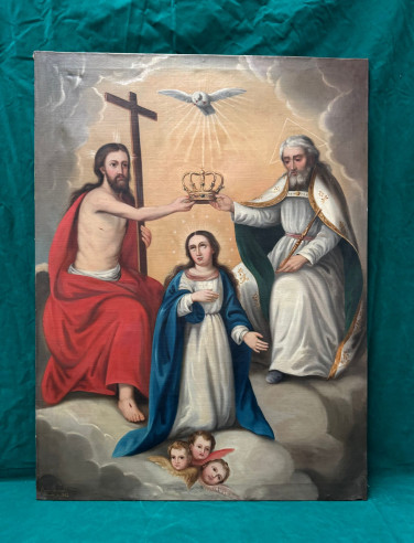 La Coronación de la Virgen María, pintado sobre óleo, firmado por Piedad  Hernández en 1872.