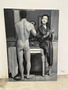 Mujer observando a su marido en el baño, óleo del pintor...