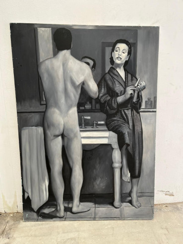Mujer observando a su marido en el baño, óleo del pintor Cordobés José Delgado Pérez.