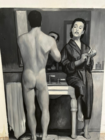 Mujer observando a su marido en el baño, óleo del pintor Cordobés José Delgado Pérez.