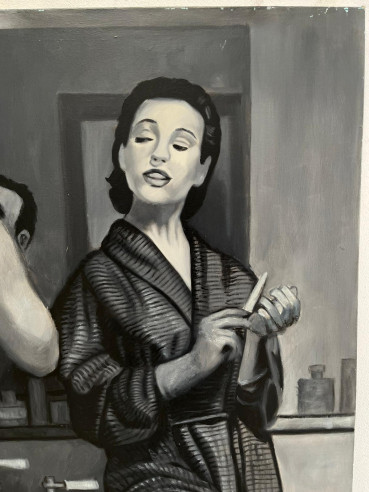 Mujer observando a su marido en el baño, óleo...