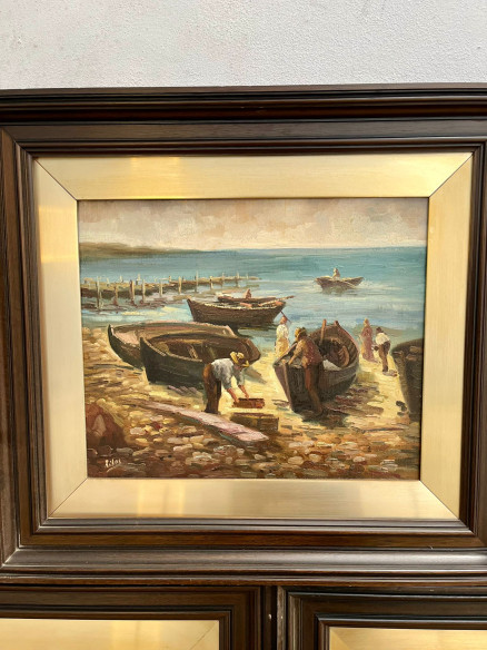 Tríptico de marinas con pescadores del pintor Malagueño Ribas.