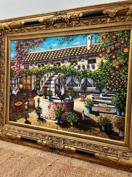 Gran Patio Cordobés con bonito marco, pintado por Manuel Aguilar.