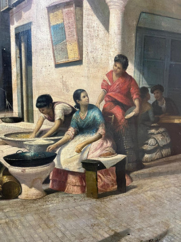 Escena costumbrista andaluza con marco dorado,...