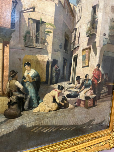 Escena costumbrista andaluza con marco dorado,...