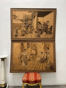 Antigua pareja de tapices costumbristas con escenas. 1...