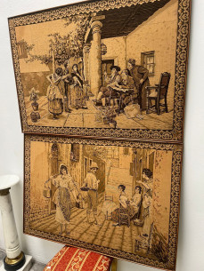 Antigua pareja de tapices costumbristas con escenas. 1... 2