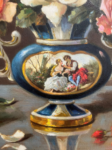 Elegante pintura con motivos florales y escena...