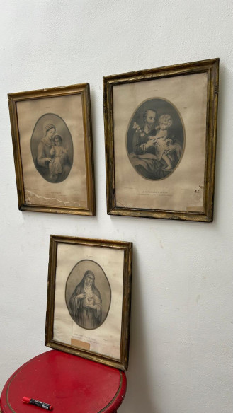 Conjunto de 3 litografías enmarcadas, San José, Corazón de María y Nuestra Señora del Rosario.