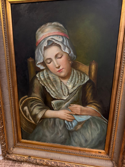Pintura estilo holandesa, imagen de niña cosiendo.