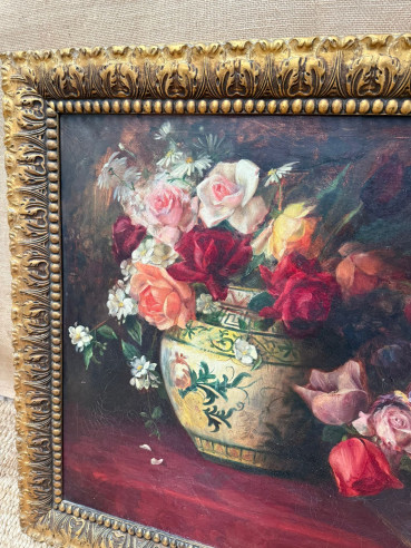 Bonito óleo floral de María Font año 1927.