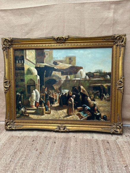 Medina árabe. Bonito óleo donde se aprecia el mercado de alimentos, alfombras, alfarería, aprovisionamientos.