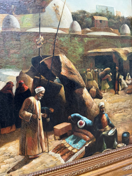 Medina árabe. Bonito óleo donde se aprecia el mercado de alimentos, alfombras, alfarería, aprovisionamientos.