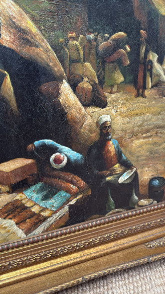 Medina árabe. Bonito óleo donde se aprecia el mercado de alimentos, alfombras, alfarería, aprovisionamientos.