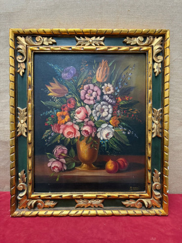 Óleo floral con marco tallado en madera, firmado por Bernei.