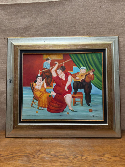 Tablao flamenco firmado, (imitando el estilo botero).