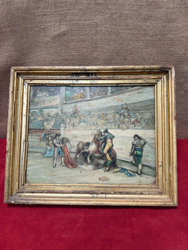 Pintura costumbrista taurina: El quite de espadas. Óleo sobre tabla siglo XIX.