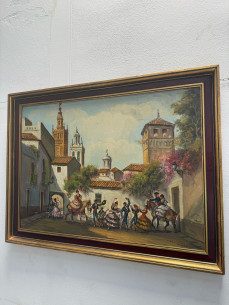 Bonita pintura flamenca con la catedral de Sevilla al fondo.