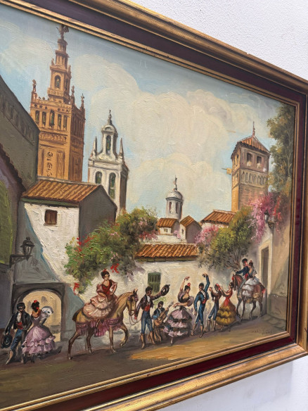 Bonita pintura flamenca con la catedral de Sevilla al fondo.