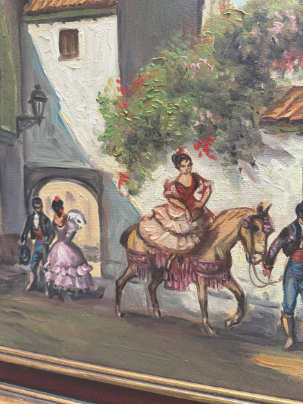 Bonita pintura flamenca con la catedral de Sevilla al fondo.