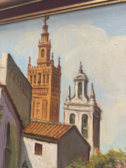 Bonita pintura flamenca con la catedral de Sevilla al fondo.