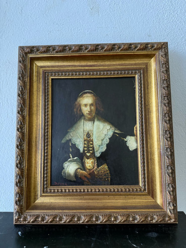 Retrato, óleo sobre tabla, arte barroco firmado, (copia Rembrandt).
