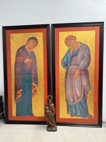 Pareja de tablas (EL CALVARIO), La Virgen María y San Juan Evangelista, pintados en óleos sobre fondo dorado en oro fino.