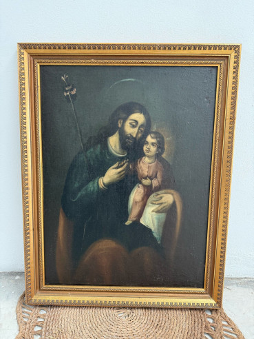 Bonito San José con Niño, sobre óleo XIX.
