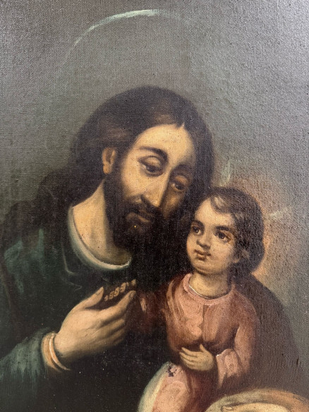 Bonito San José con Niño, sobre óleo XIX.