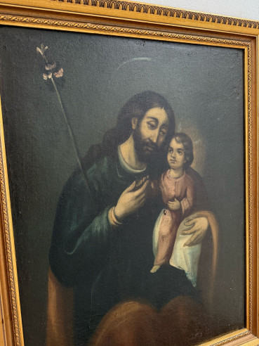 Bonito San José con Niño, sobre óleo XIX.