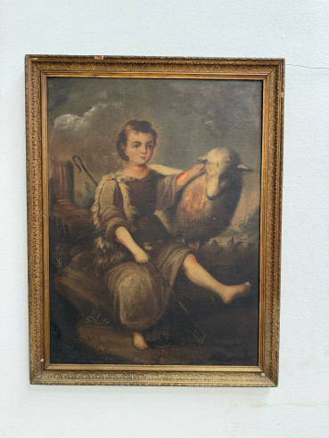 San Juanito, "El buen pastor" pintado sobre lienzo, (copia de Murillo.