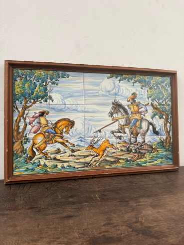 Azulejos enmarcados: Escena de cacería de caballeros galantes a caballo (cerámica Niveiro).