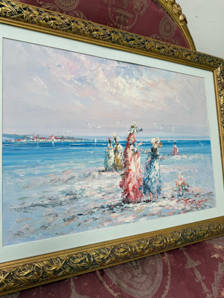 Tabla pintada a espátula y firmada, "Mujeres en la playa con gaviotas".