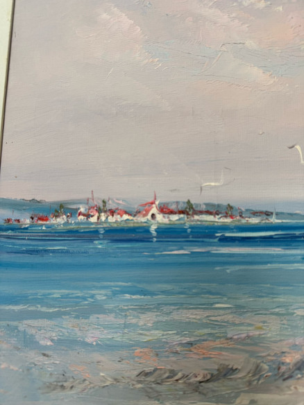 Tabla pintada a espátula y firmada, "Mujeres en la playa con gaviotas".